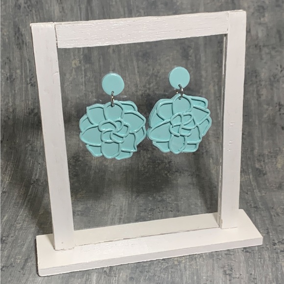 Light Teal Handcrafted Clay Flower Earrings - Picture 1 of 2